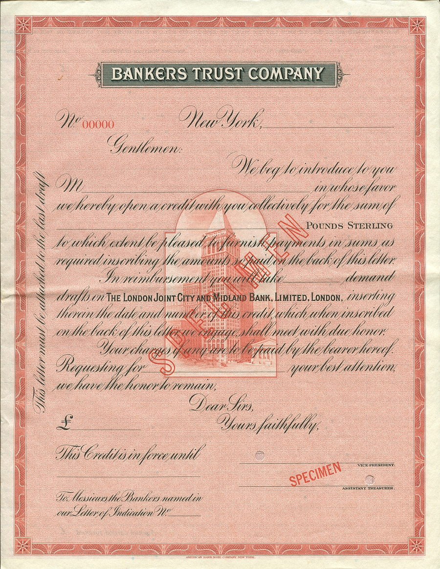 Bankers Trust Co Letter of Credit Specimen - British Pounds